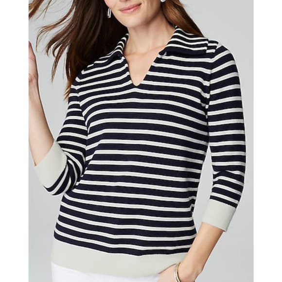 J Jill Top XL Knit Collared Pullover Sweater Striped Navy V Neck Nautical NWT - Picture 1 of 14